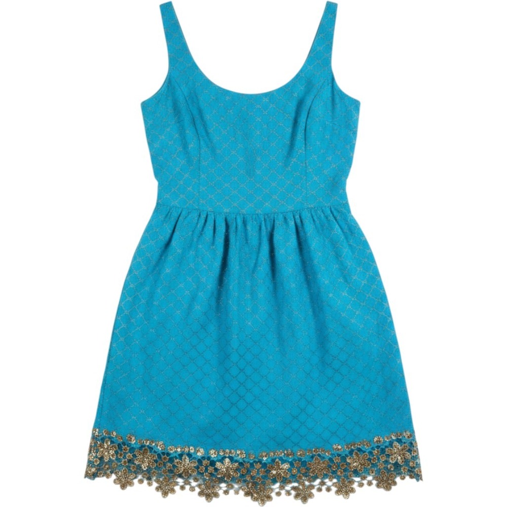 NWT Lilly Pulitzer Women's Fit & Flare Dress Size 2 Blue Gold Lace Trim 57343